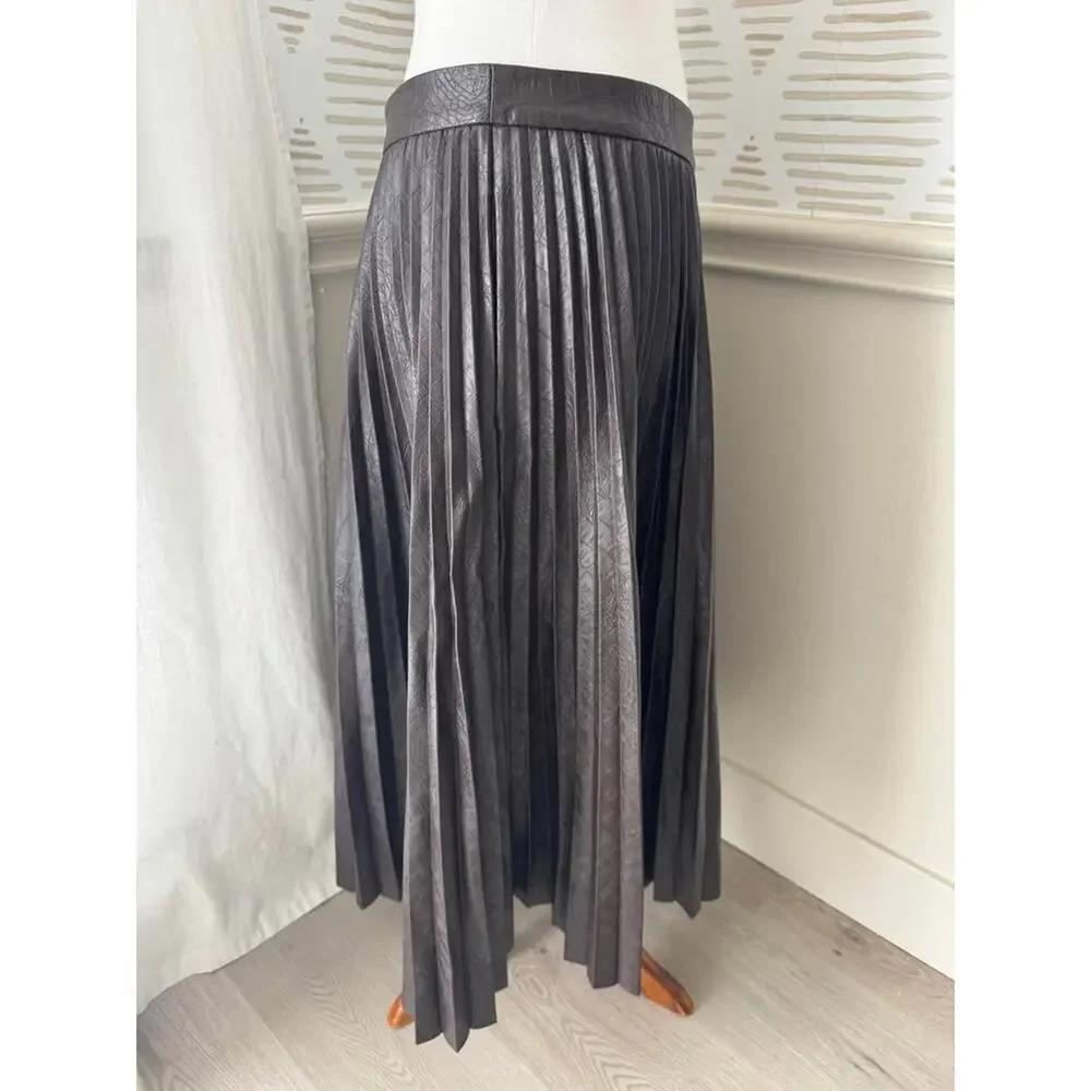 Halogen x Atlantic-Pacific Chocolate Brown Pleated Croc Faux Leather Midi Skirt